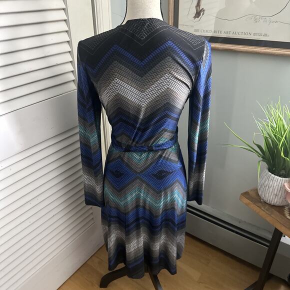 Vintage CACHE Dress Womens Small Blue Wrap Jersey Stretch Retro Y2K Cocktail - Picture 4 of 9